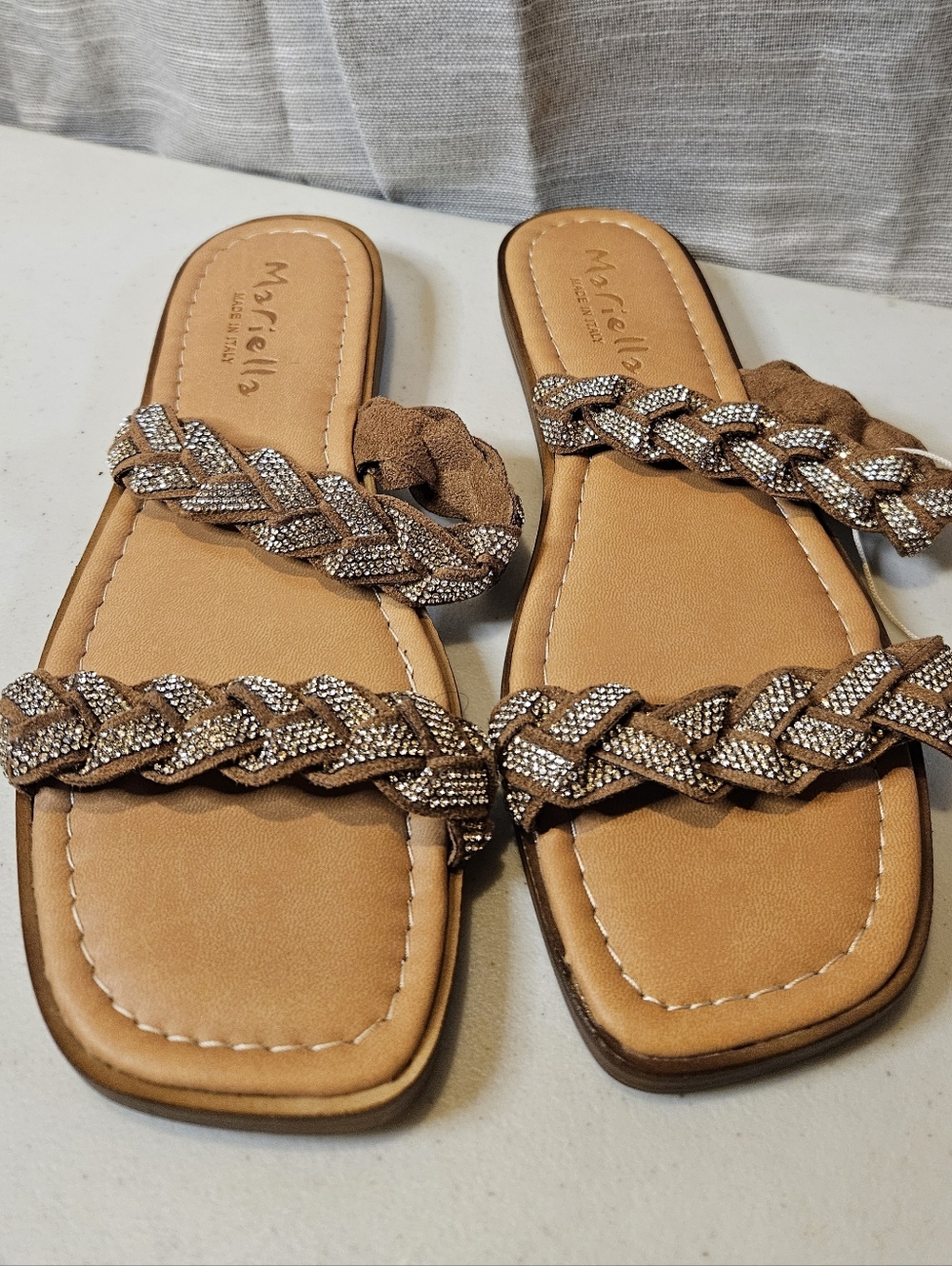 Mariella Made in Italy Flat Sandals Braided Rhinestones Size 8 New